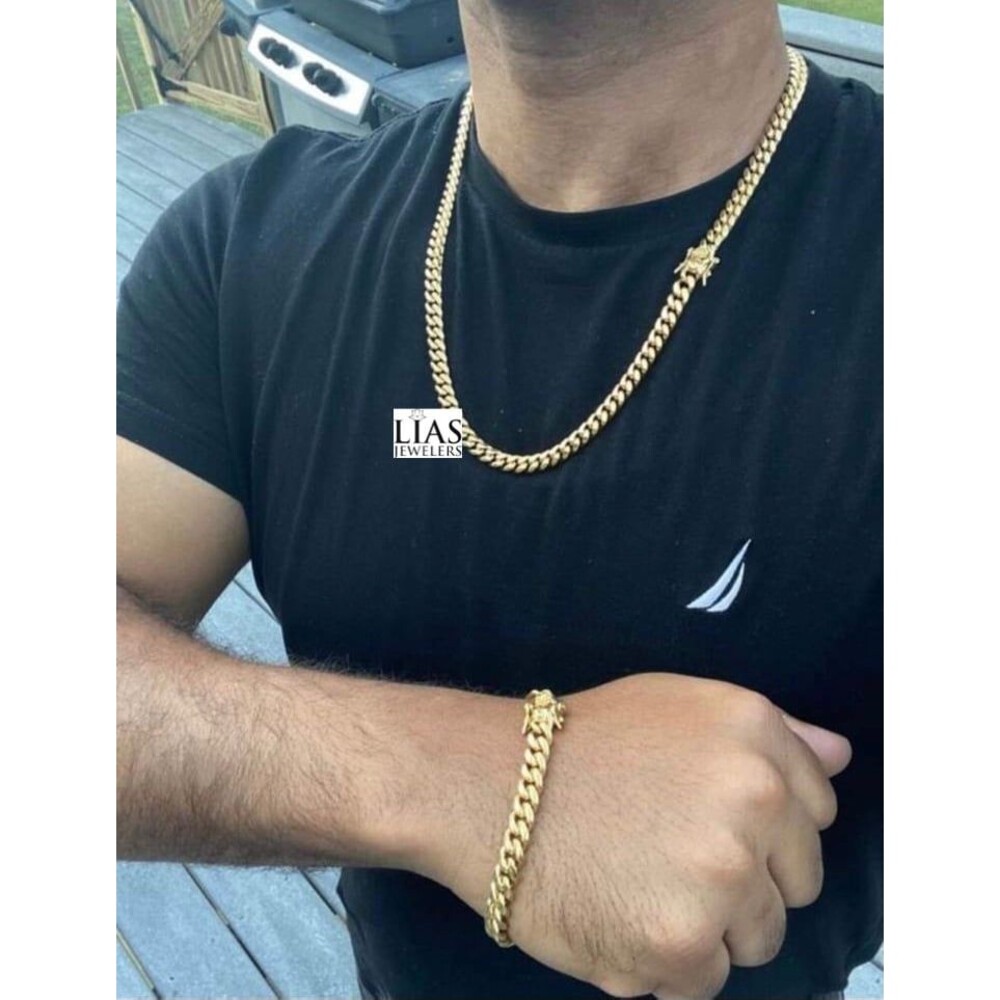 New 18k yellow gold filled Cuban link chain and bracelet set